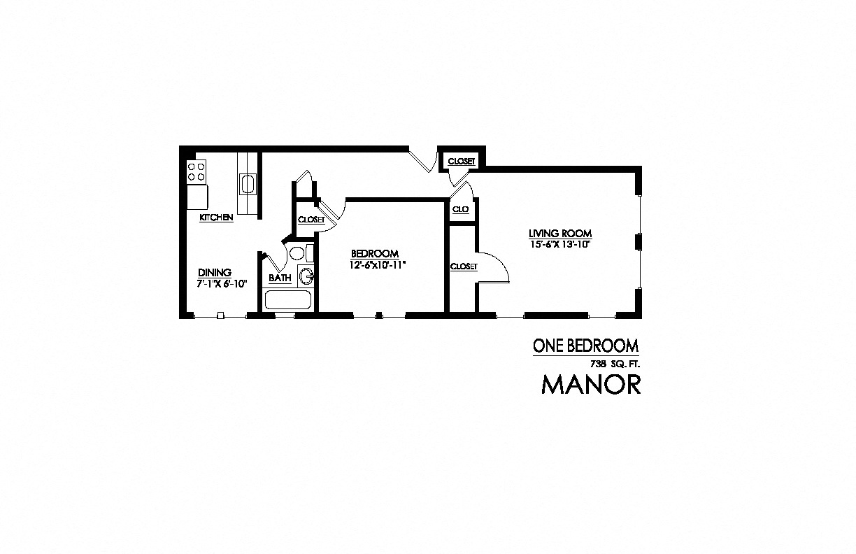 Floor plan for 1 bed, 1 bath, 738 sqft